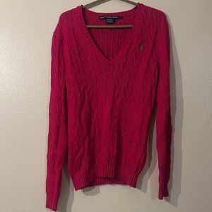 Vintage Ralph Lauren Sport 100% Italian Lambs Wool V-neck Cable Knit Jumper sz L